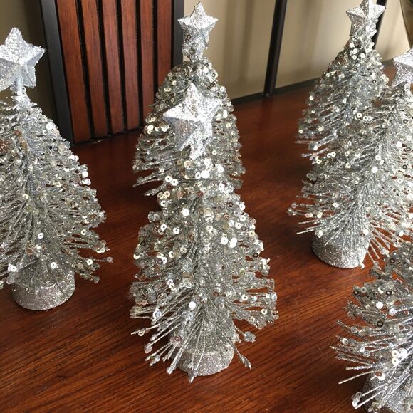6 Silver Glitter Tabletop Decor Star Topped Bottle Brush Christmas Trees - Picture 8 of 16